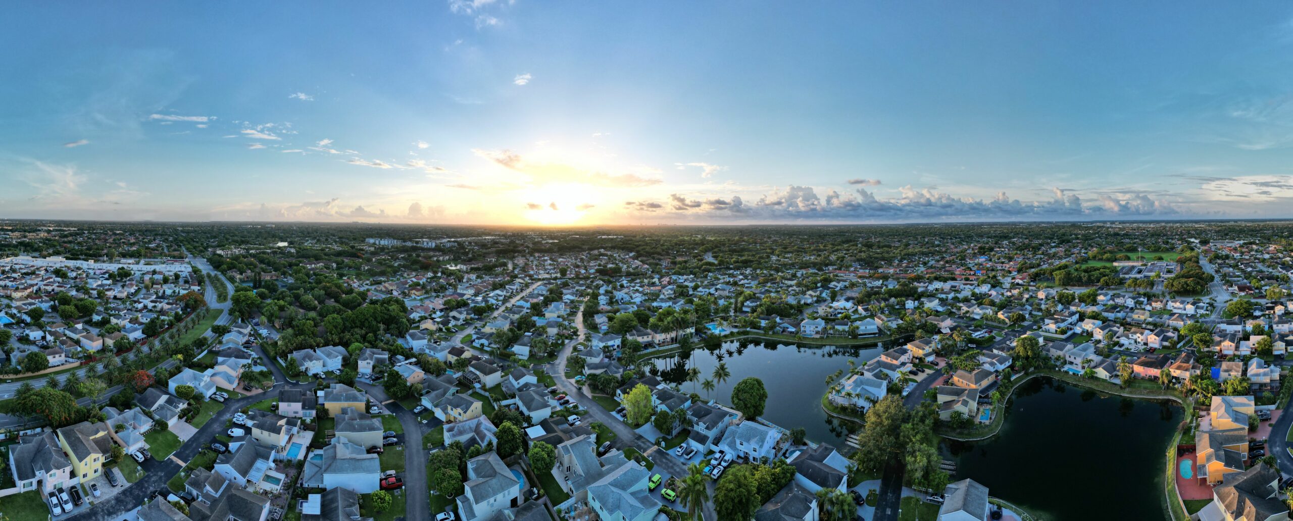 Aerial panorama of a neighborhood in Kendall with skyline